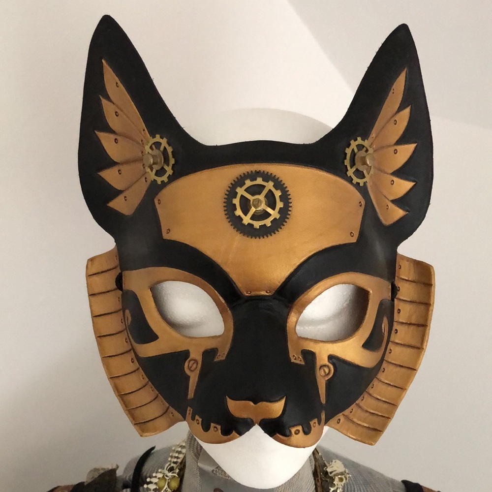 Leather Black Gold Steampunk Cat Mask Renaissance Bast 2013 Handmade Art to Wear